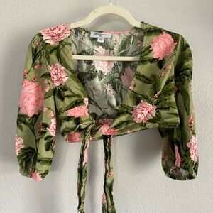 Agua Bendita Olive and Rose Floral Wrap Blouse